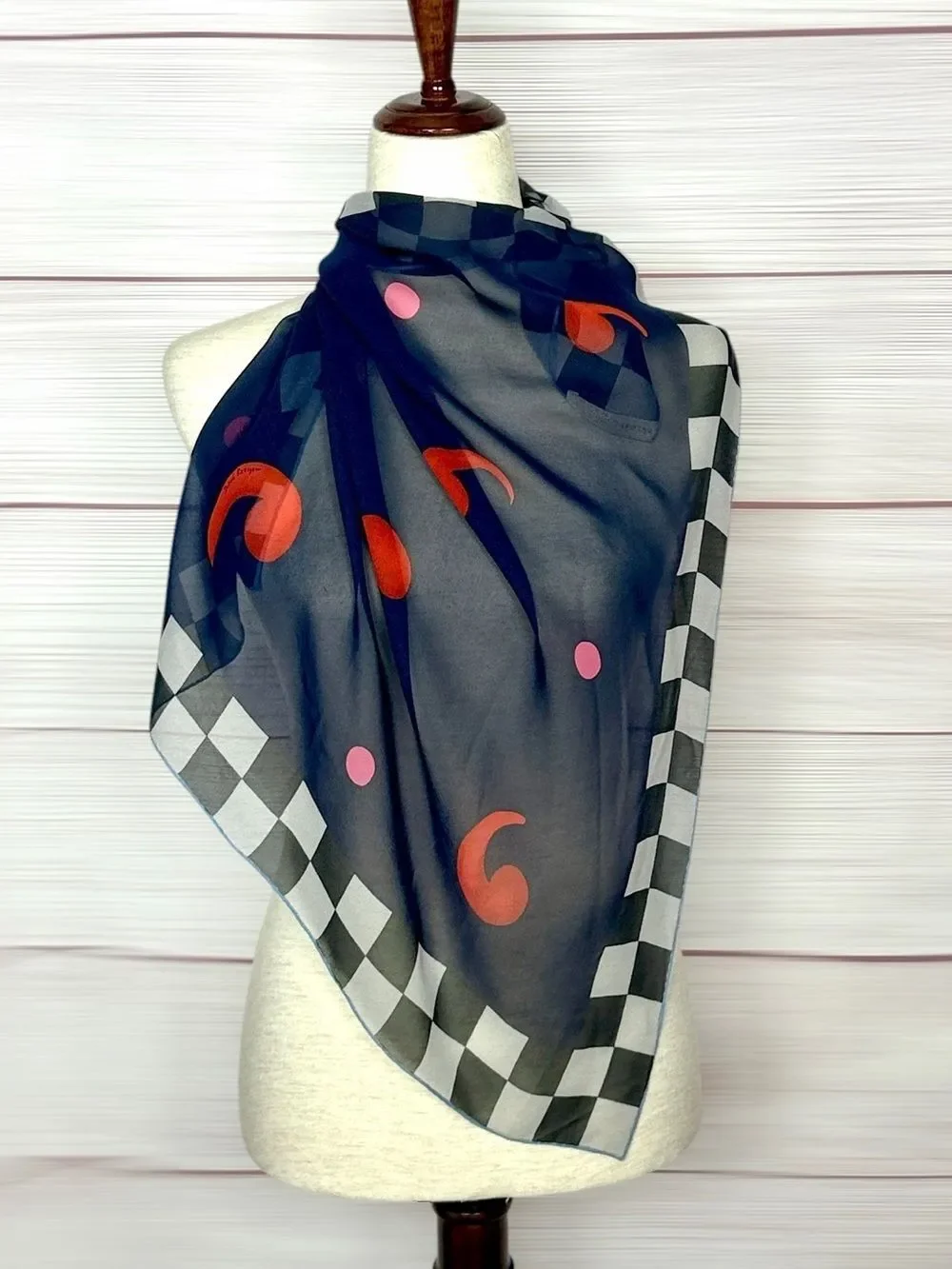 Bvlgari Signed Davide Pizzigoni Silk Chiffon Scarf Abstract Checkerboard Italy